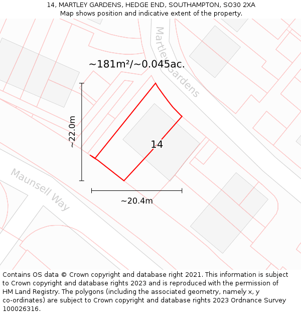 14, MARTLEY GARDENS, HEDGE END, SOUTHAMPTON, SO30 2XA: Plot and title map