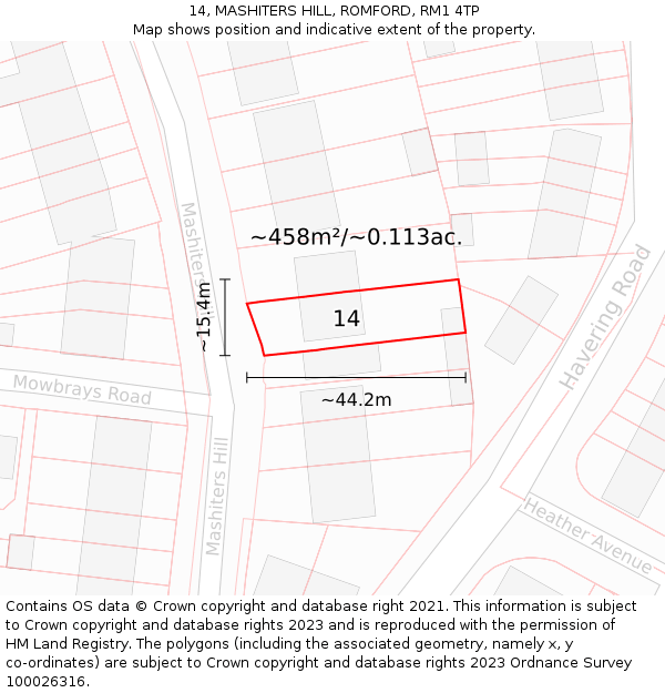 14, MASHITERS HILL, ROMFORD, RM1 4TP: Plot and title map