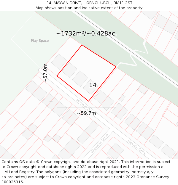 14, MAYWIN DRIVE, HORNCHURCH, RM11 3ST: Plot and title map