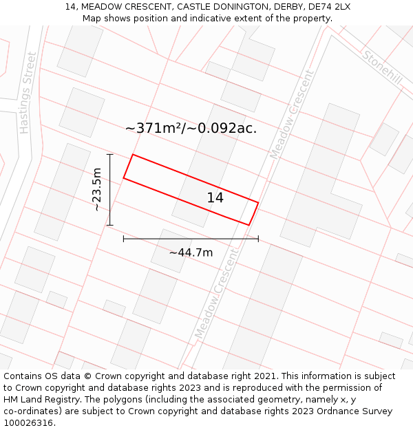 14, MEADOW CRESCENT, CASTLE DONINGTON, DERBY, DE74 2LX: Plot and title map
