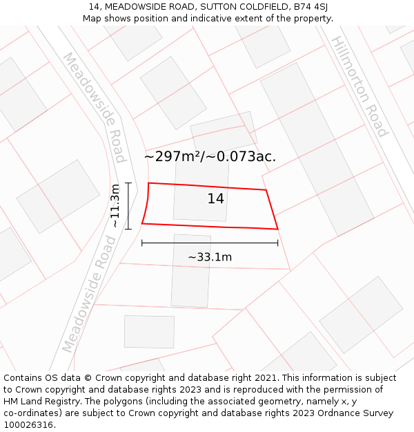 14, MEADOWSIDE ROAD, SUTTON COLDFIELD, B74 4SJ: Plot and title map