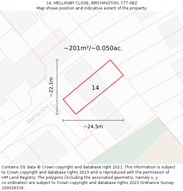 14, MELLANBY CLOSE, BIRCHINGTON, CT7 0BZ: Plot and title map