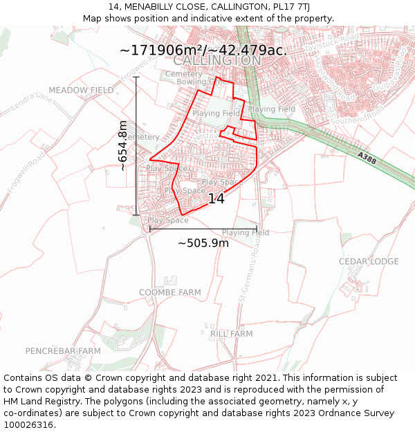 14, MENABILLY CLOSE, CALLINGTON, PL17 7TJ: Plot and title map