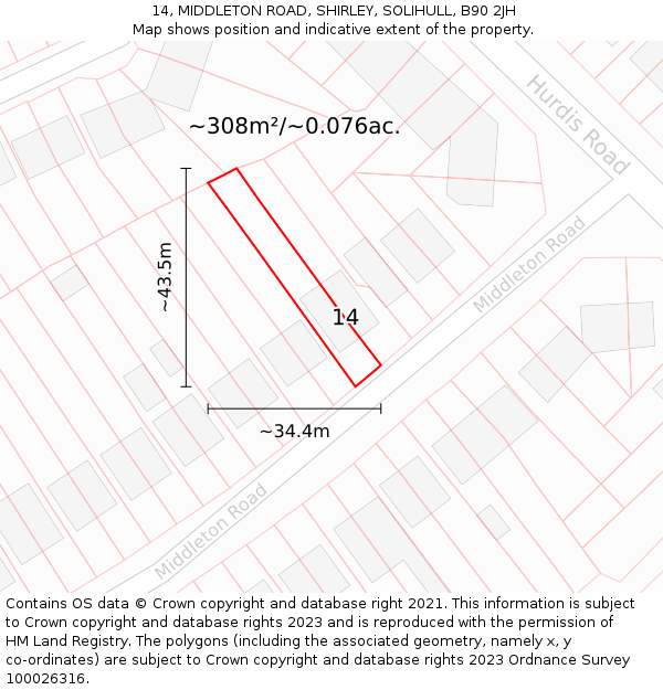14, MIDDLETON ROAD, SHIRLEY, SOLIHULL, B90 2JH: Plot and title map