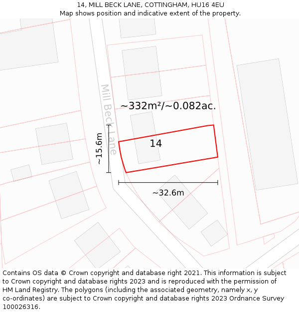 14, MILL BECK LANE, COTTINGHAM, HU16 4EU: Plot and title map