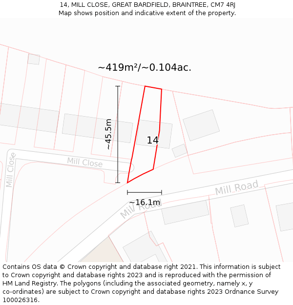 14, MILL CLOSE, GREAT BARDFIELD, BRAINTREE, CM7 4RJ: Plot and title map