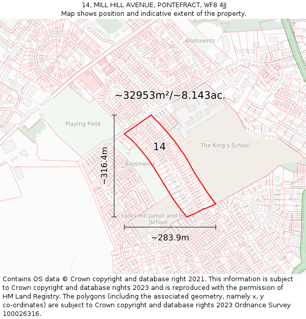 14, MILL HILL AVENUE, PONTEFRACT, WF8 4JJ: Plot and title map