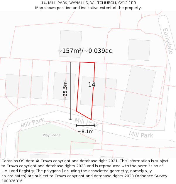 14, MILL PARK, WAYMILLS, WHITCHURCH, SY13 1PB: Plot and title map