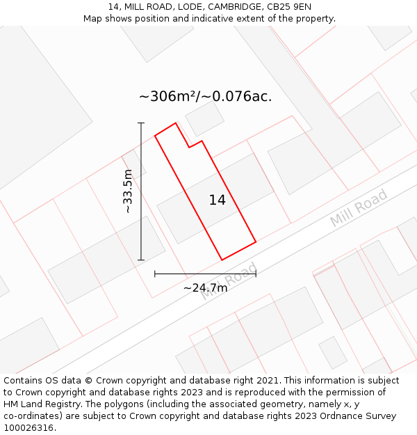 14, MILL ROAD, LODE, CAMBRIDGE, CB25 9EN: Plot and title map