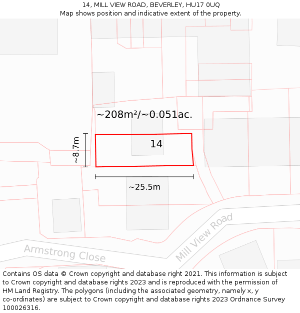 14, MILL VIEW ROAD, BEVERLEY, HU17 0UQ: Plot and title map