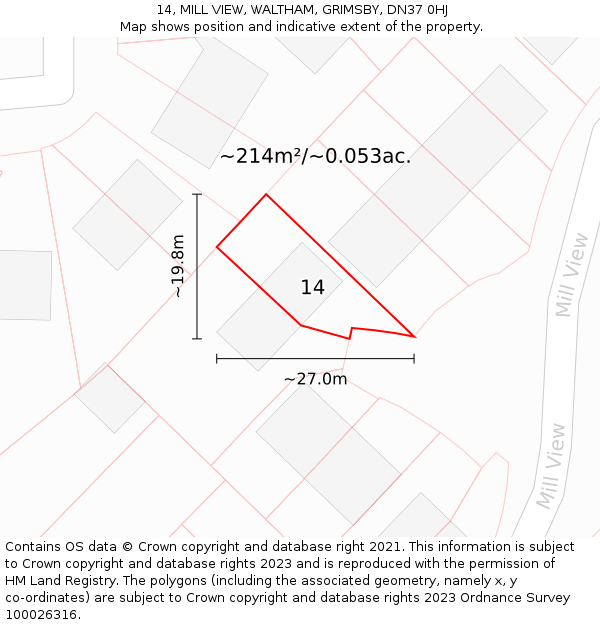 14, MILL VIEW, WALTHAM, GRIMSBY, DN37 0HJ: Plot and title map