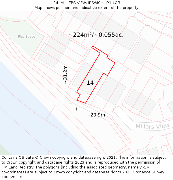 14, MILLERS VIEW, IPSWICH, IP1 4QB: Plot and title map