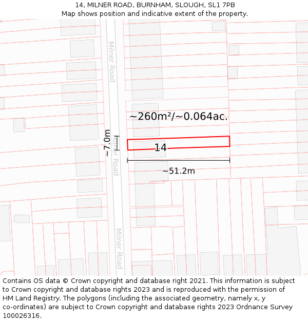 14, MILNER ROAD, BURNHAM, SLOUGH, SL1 7PB: Plot and title map