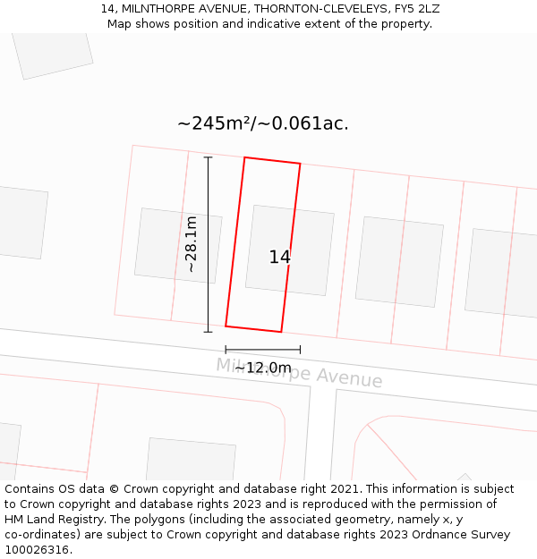 14, MILNTHORPE AVENUE, THORNTON-CLEVELEYS, FY5 2LZ: Plot and title map