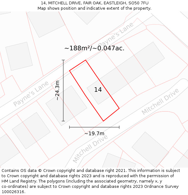 14, MITCHELL DRIVE, FAIR OAK, EASTLEIGH, SO50 7FU: Plot and title map