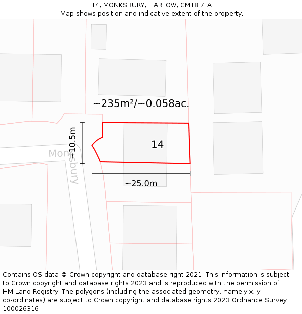 14, MONKSBURY, HARLOW, CM18 7TA: Plot and title map