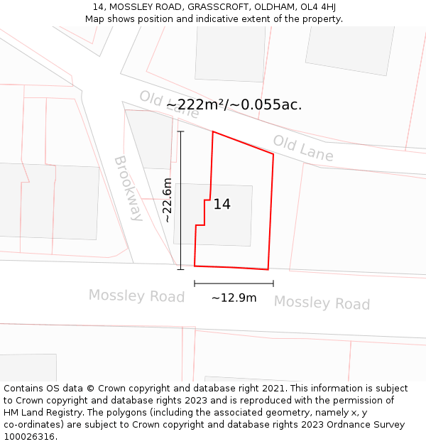 14, MOSSLEY ROAD, GRASSCROFT, OLDHAM, OL4 4HJ: Plot and title map