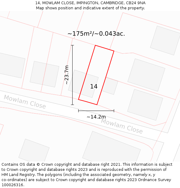 14, MOWLAM CLOSE, IMPINGTON, CAMBRIDGE, CB24 9NA: Plot and title map