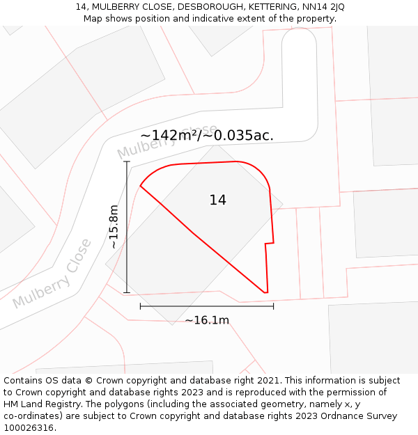 14, MULBERRY CLOSE, DESBOROUGH, KETTERING, NN14 2JQ: Plot and title map