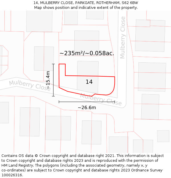 14, MULBERRY CLOSE, PARKGATE, ROTHERHAM, S62 6BW: Plot and title map