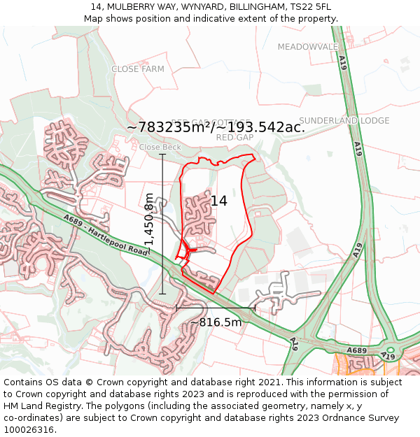 14, MULBERRY WAY, WYNYARD, BILLINGHAM, TS22 5FL: Plot and title map