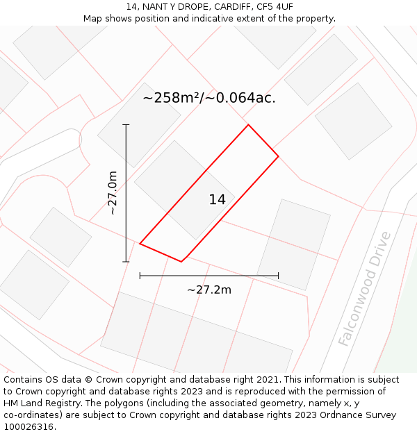 14, NANT Y DROPE, CARDIFF, CF5 4UF: Plot and title map