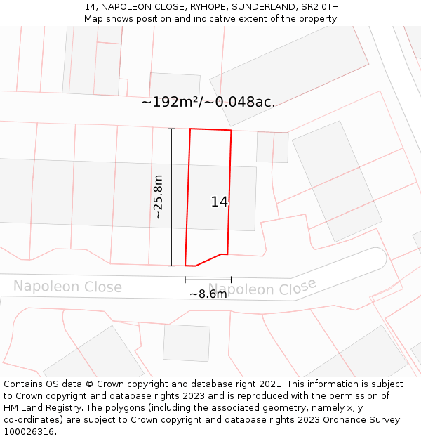 14, NAPOLEON CLOSE, RYHOPE, SUNDERLAND, SR2 0TH: Plot and title map