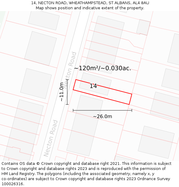 14, NECTON ROAD, WHEATHAMPSTEAD, ST ALBANS, AL4 8AU: Plot and title map