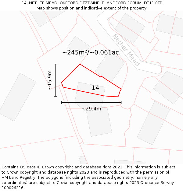 14, NETHER MEAD, OKEFORD FITZPAINE, BLANDFORD FORUM, DT11 0TP: Plot and title map