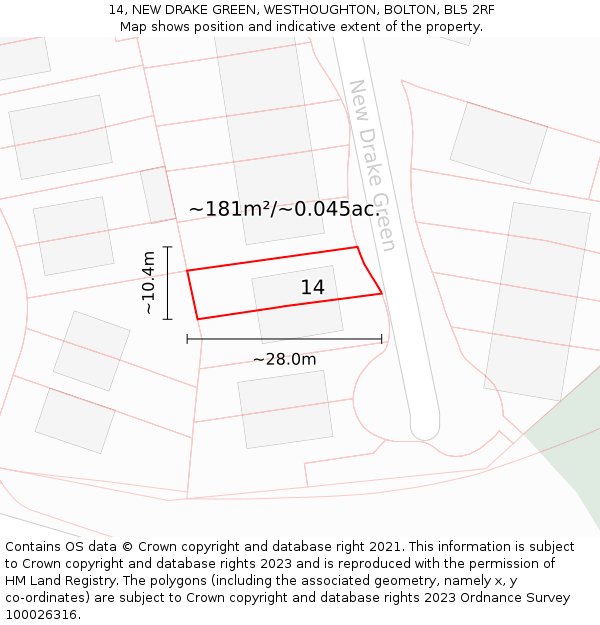 14, NEW DRAKE GREEN, WESTHOUGHTON, BOLTON, BL5 2RF: Plot and title map