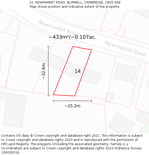 14, NEWMARKET ROAD, BURWELL, CAMBRIDGE, CB25 0AE: Plot and title map