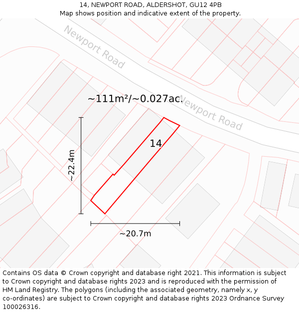 14, NEWPORT ROAD, ALDERSHOT, GU12 4PB: Plot and title map