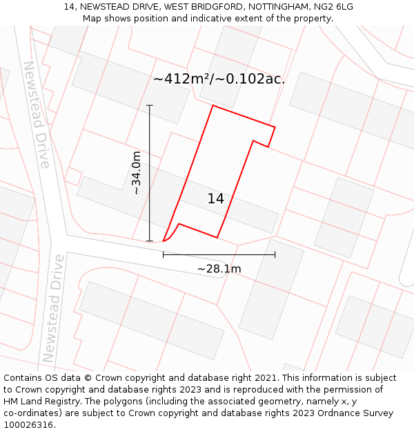 14, NEWSTEAD DRIVE, WEST BRIDGFORD, NOTTINGHAM, NG2 6LG: Plot and title map