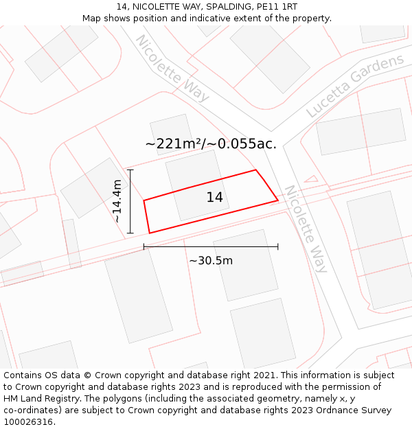 14, NICOLETTE WAY, SPALDING, PE11 1RT: Plot and title map