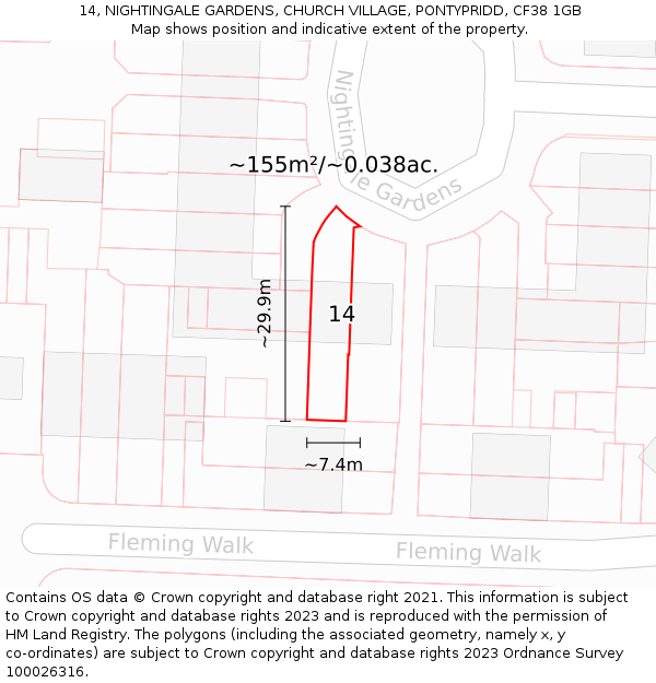 14, NIGHTINGALE GARDENS, CHURCH VILLAGE, PONTYPRIDD, CF38 1GB: Plot and title map