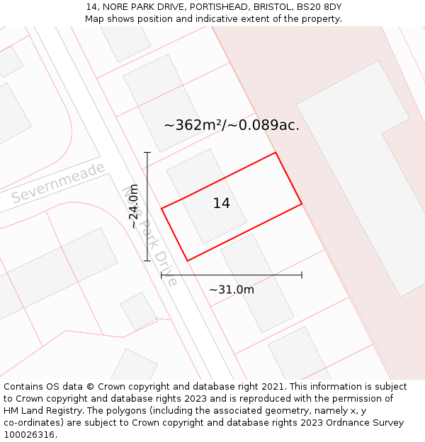 14, NORE PARK DRIVE, PORTISHEAD, BRISTOL, BS20 8DY: Plot and title map