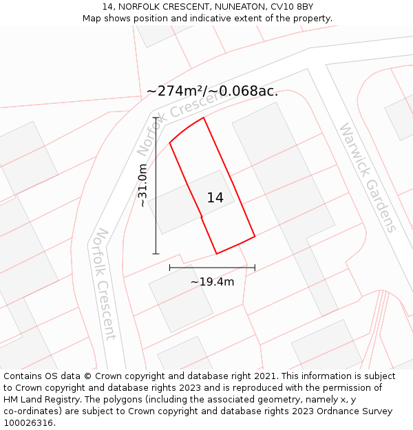 14, NORFOLK CRESCENT, NUNEATON, CV10 8BY: Plot and title map