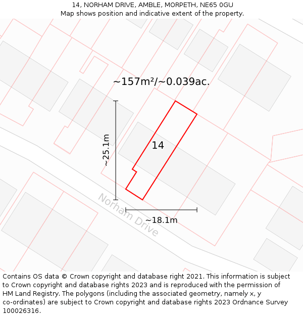 14, NORHAM DRIVE, AMBLE, MORPETH, NE65 0GU: Plot and title map
