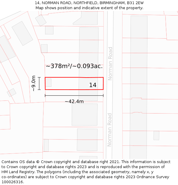 14, NORMAN ROAD, NORTHFIELD, BIRMINGHAM, B31 2EW: Plot and title map