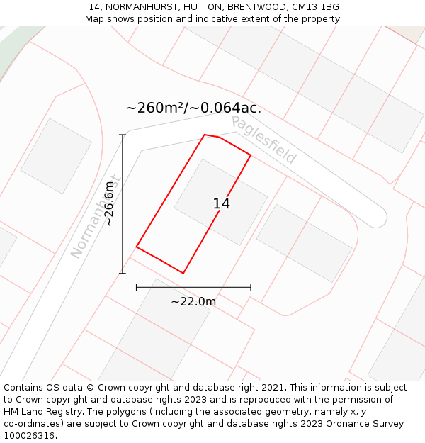 14, NORMANHURST, HUTTON, BRENTWOOD, CM13 1BG: Plot and title map