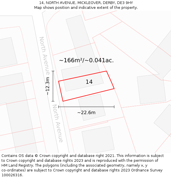 14, NORTH AVENUE, MICKLEOVER, DERBY, DE3 9HY: Plot and title map