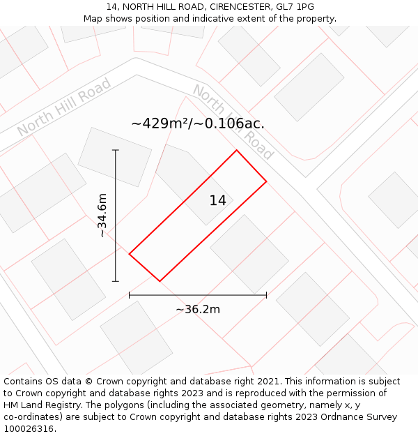 14, NORTH HILL ROAD, CIRENCESTER, GL7 1PG: Plot and title map