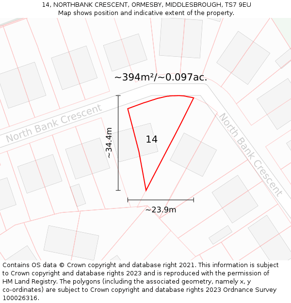 14, NORTHBANK CRESCENT, ORMESBY, MIDDLESBROUGH, TS7 9EU: Plot and title map