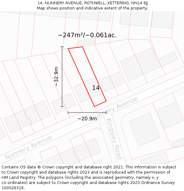 14, NUNNERY AVENUE, ROTHWELL, KETTERING, NN14 6JJ: Plot and title map