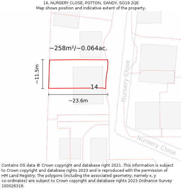 14, NURSERY CLOSE, POTTON, SANDY, SG19 2QE: Plot and title map