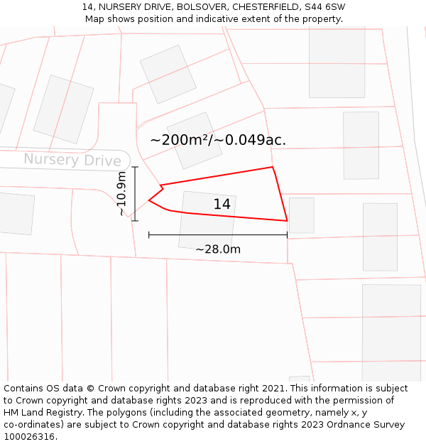 14, NURSERY DRIVE, BOLSOVER, CHESTERFIELD, S44 6SW: Plot and title map