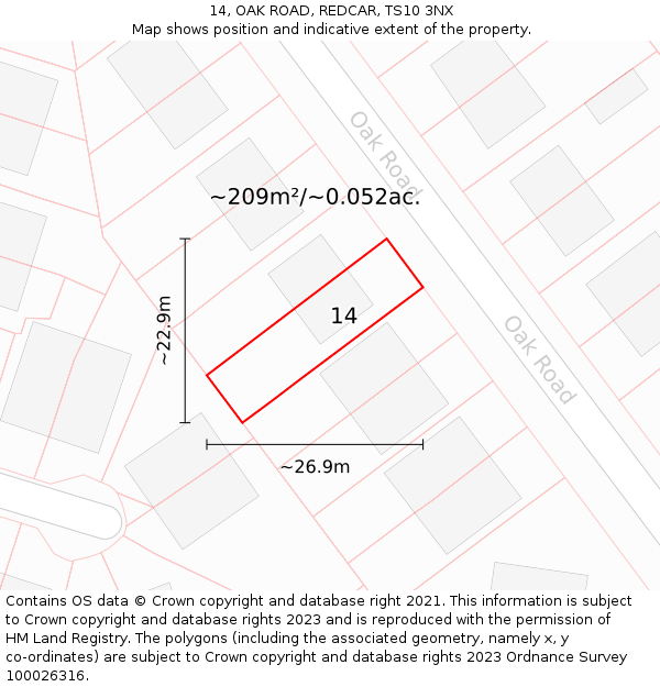 14, OAK ROAD, REDCAR, TS10 3NX: Plot and title map