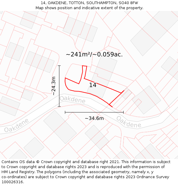 14, OAKDENE, TOTTON, SOUTHAMPTON, SO40 8FW: Plot and title map
