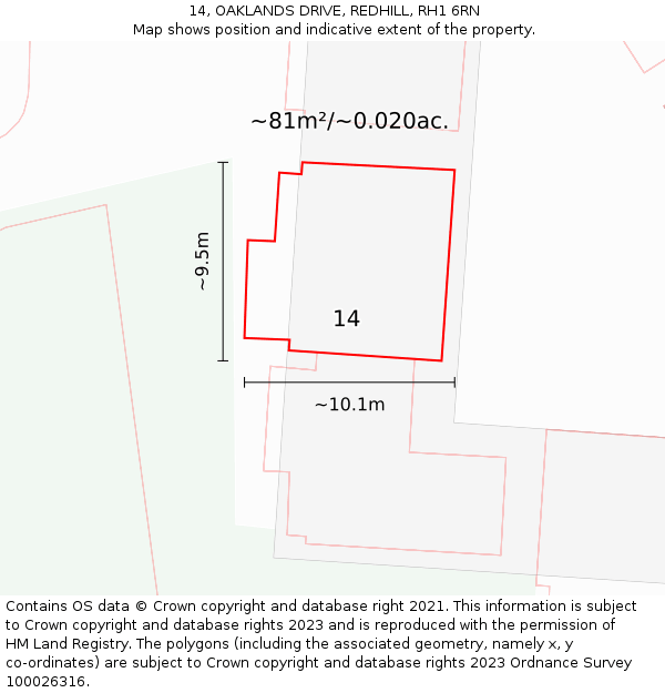 14, OAKLANDS DRIVE, REDHILL, RH1 6RN: Plot and title map