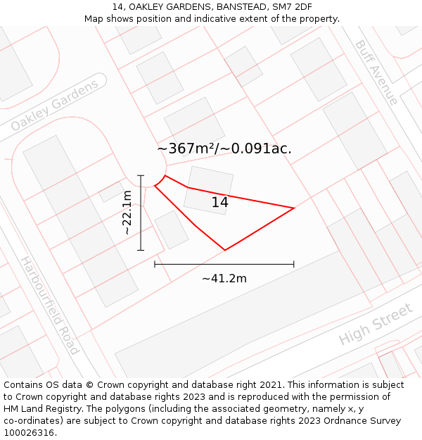 14, OAKLEY GARDENS, BANSTEAD, SM7 2DF: Plot and title map